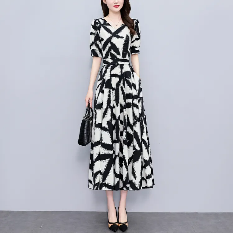 有兜广州十三行裙子印花真丝连衣裙女夏2025新款长款修身收腰长裙