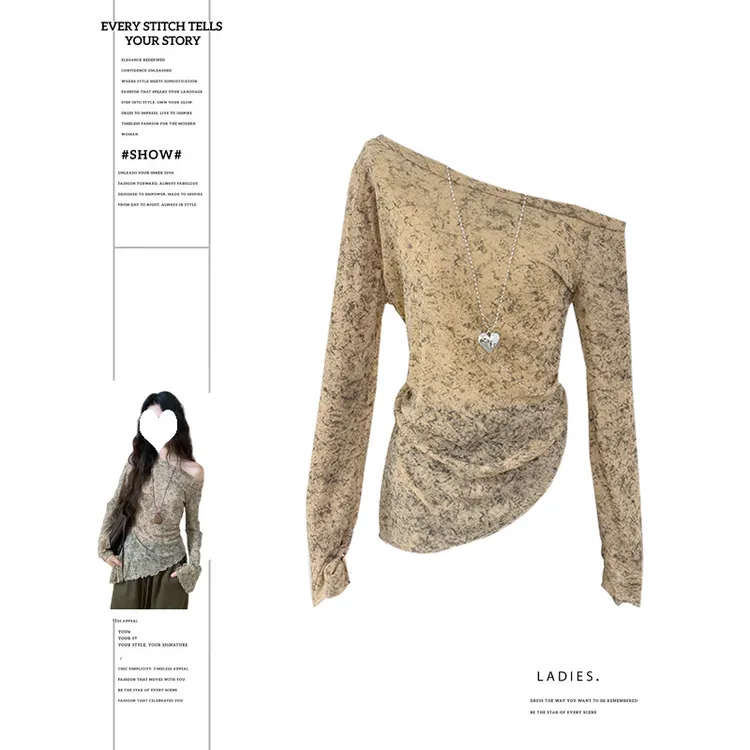 大码胖MM不规则斜肩荷叶边长袖T恤女2025新款秋季小众设计感上衣