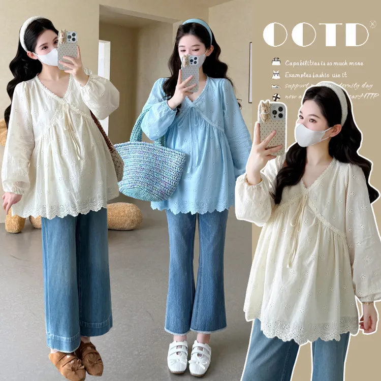 实拍现货2025秋季新款孕妇韩版V领蕾丝刺绣减龄娃娃衫上衣