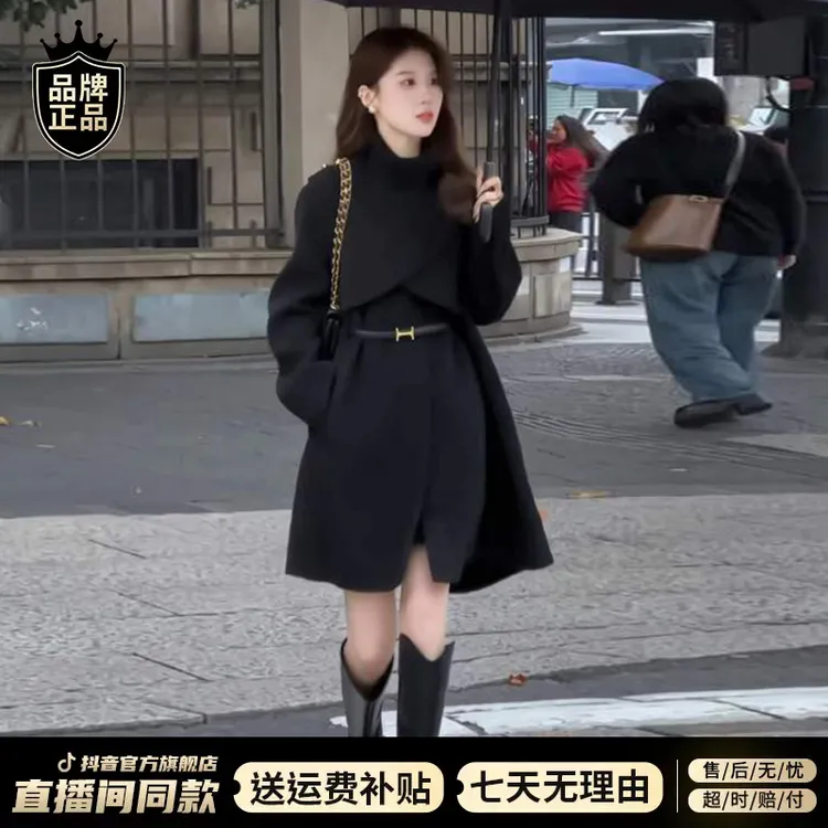 2025新款法式高级感斗篷毛呢连衣裙子女秋冬气质修身显瘦短裙套装