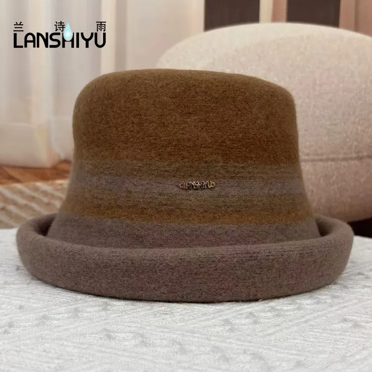 秋冬新款羊毛渔夫帽百搭拼接盆帽显脸休闲小礼帽保暖时尚帽子女