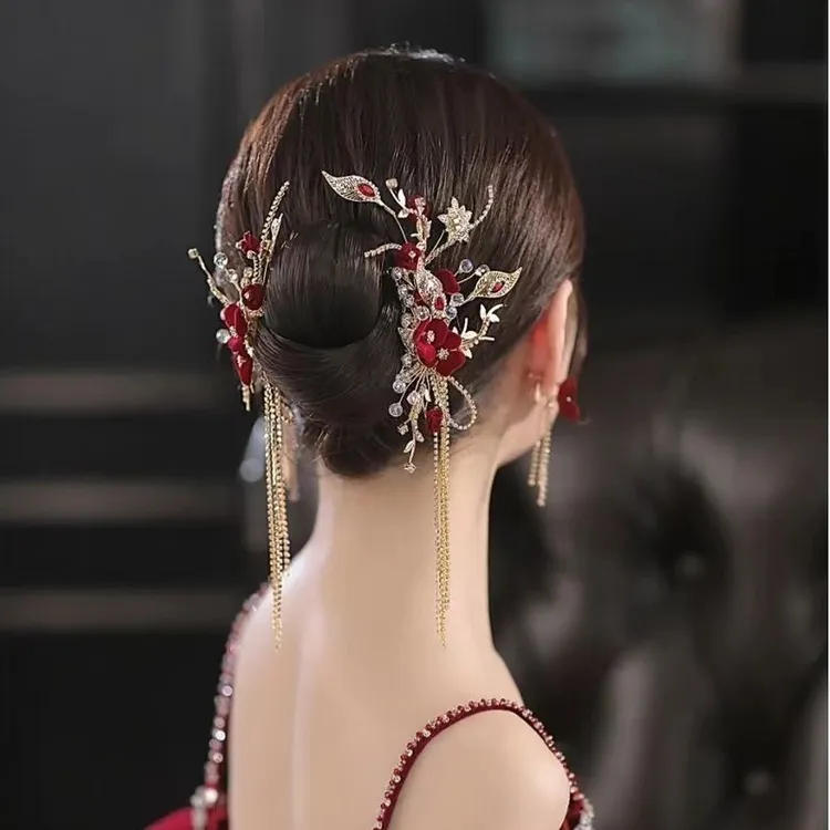 新中式新娘头饰结婚红色简单大气礼服中式发饰敬酒订婚头饰新中式