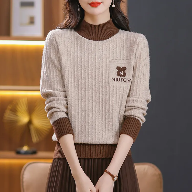 半高领条纹毛针织衫女加厚保暖纯色百搭打底衫中老年毛衣气质通勤