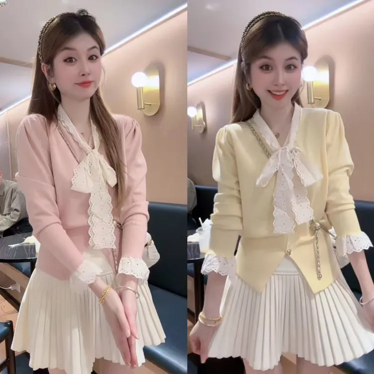 法式小香风甜美蕾丝蝴蝶结领针织毛衣女春秋内搭开衫上衣