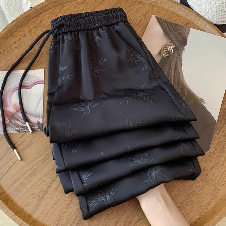 胖MM大码新中式国风提花阔腿裤女夏季薄款高腰宽松直筒休闲凉凉裤