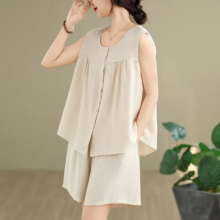 棉麻套装女夏季大码胖MM宽松遮肚显瘦无袖上衣休闲阔腿短裤两件套