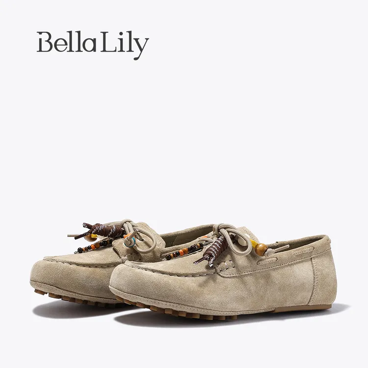 BellaLily2025冬季新款慵懒舒适袋鼠鞋轻便一脚蹬百搭牛皮勃肯鞋