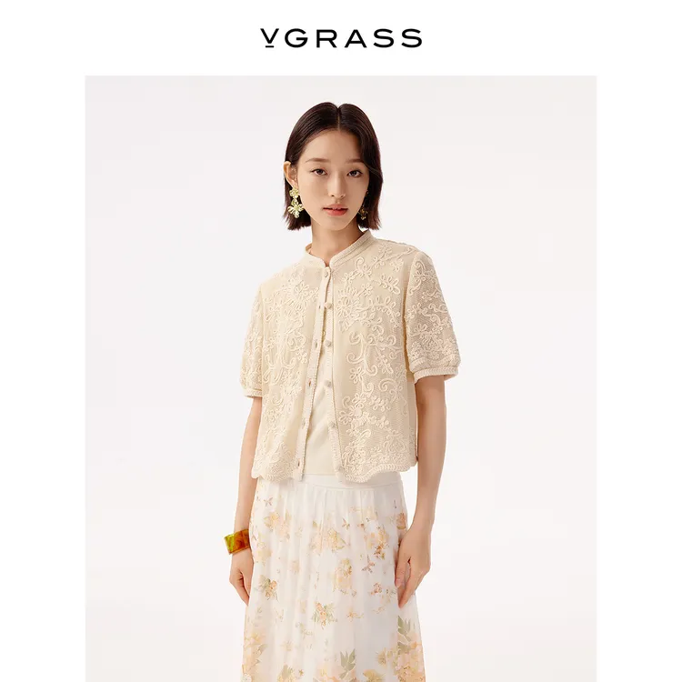 VGRASS棉格网带子绣衬衫25年夏季新款小立领开衫上衣VSX1Q2522C