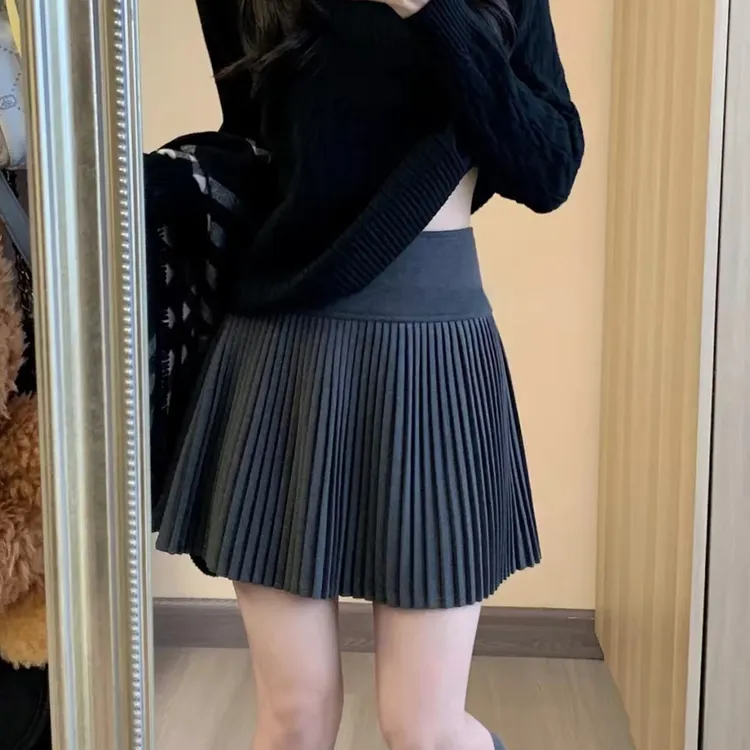 【2089】大码女装胖mm灰色百褶半身裙冬季高腰防走光a字短裙