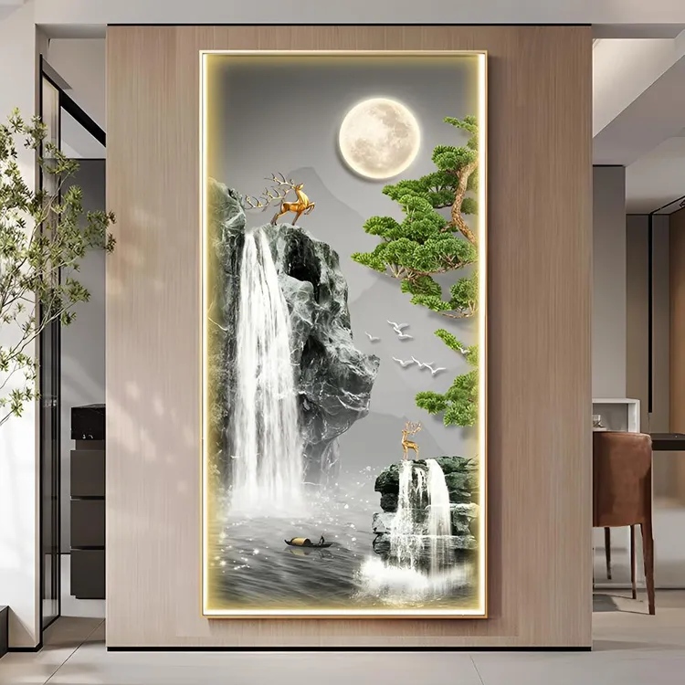 新中式迎客松大气高档轻奢带灯装饰画现代入户玄关画走廊过道挂画