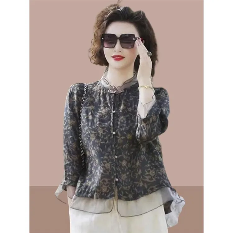 2025夏季新款女士时尚气质国风中年妈妈苎麻亚麻上衣阔腿裤两件套