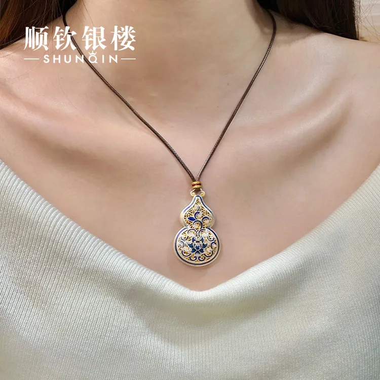 顺钦银楼 吊坠足银 【青瓷莲影（描金）套链】999.9描金牡丹葫芦套链