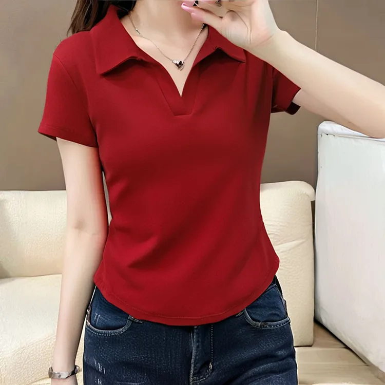 HONG JIA LIN/虹嘉琳大码polo领复古正肩短袖t恤财阀千金女装上衣
