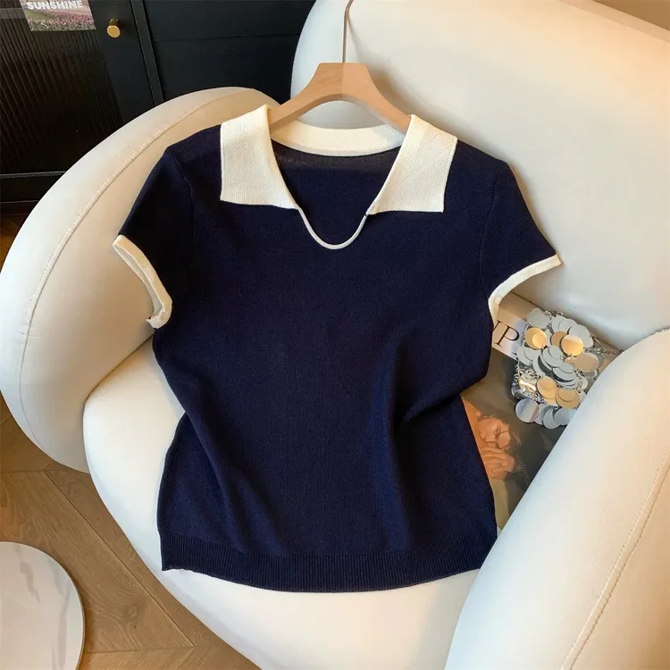 冰丝上衣【80-180斤】大码polo领针织衫夏季时尚百搭薄款短袖T恤女