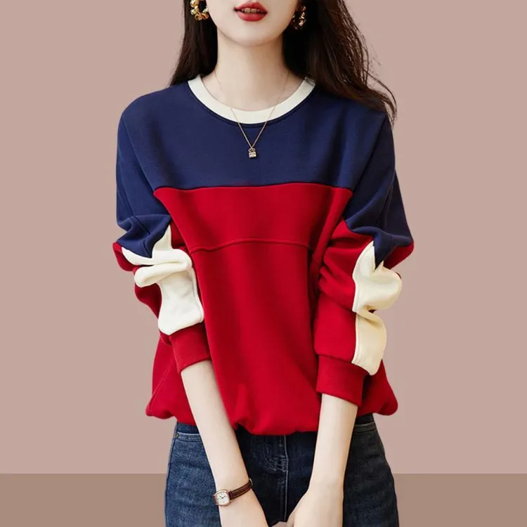 欧货时尚流行女卫衣春秋款2025新款宽松减龄圆领拼接撞色套头上衣