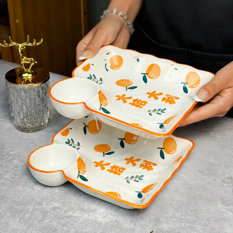 带醋碟的饺子盘陶瓷家用卡通大吉大利特别好看的蒸饺子盘薯条盘子