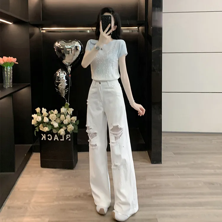 套装两件套高级感轻奢高端重工烫钻短袖针织上衣破洞蕾丝牛仔裤潮