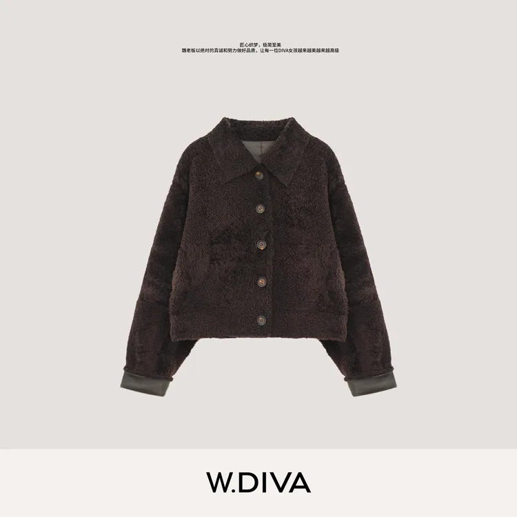 W.Diva【画眉】进口拉贡皮毛一体时尚保暖翻领外套4C0910014