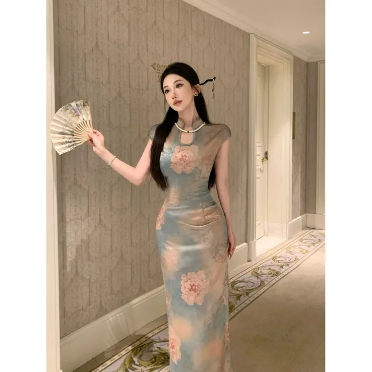 夏季新款自制新中式国风高级提花缎面水滴立领长款连衣裙旗袍服装