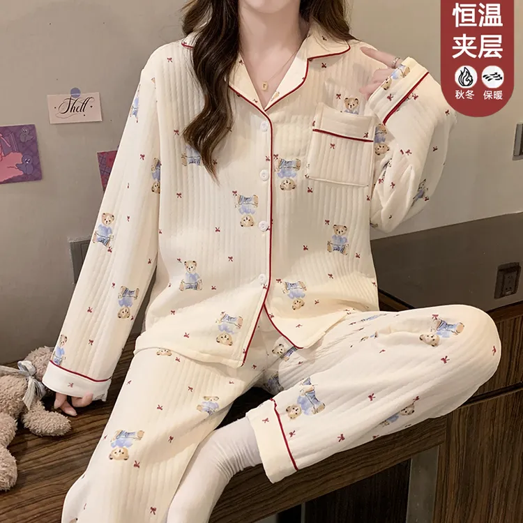 睡衣女卡通夹层加厚长袖长裤秋冬季可爱甜美花边家居服套装143