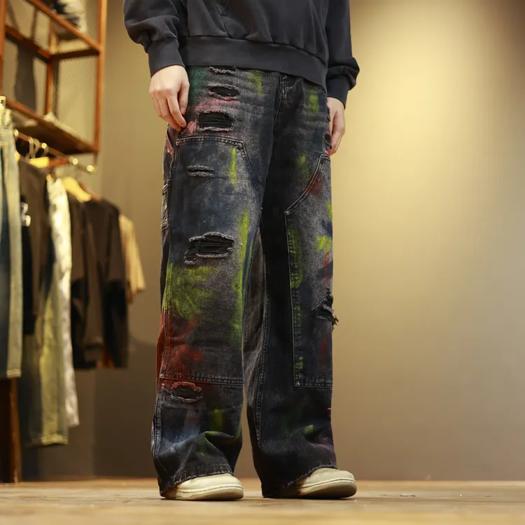 31007新款潮流个性宽松彩色抹料假破洞直筒牛仔裤