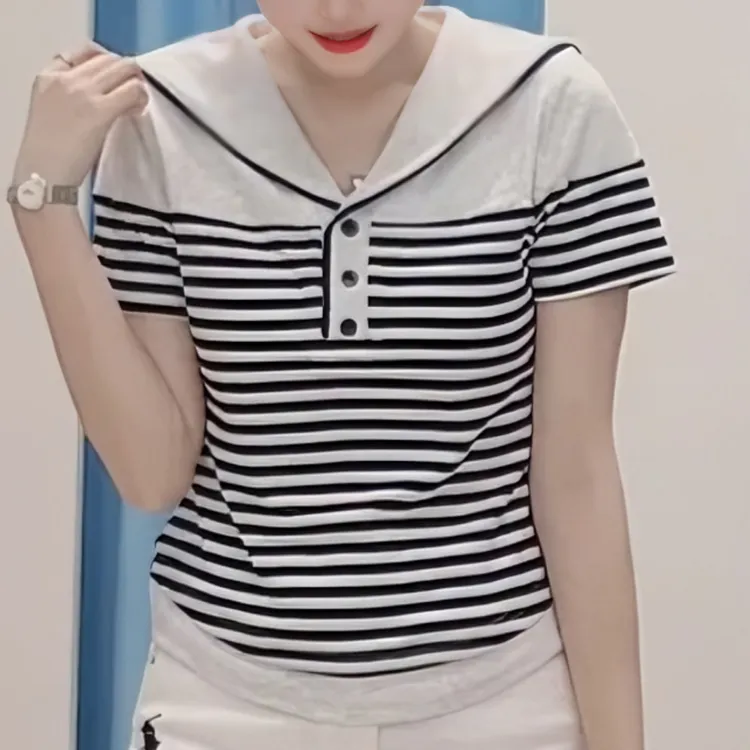 2025夏季新款时尚法式气质减龄条纹短袖T恤女洋气拼接显瘦上衣潮