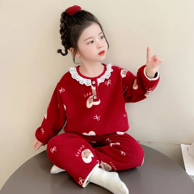 女童睡衣秋冬款2023新款宝宝冬季加绒加厚女孩珊瑚绒法兰绒家居服