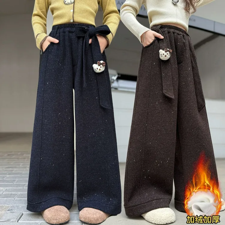 女童阔腿裤一体绒秋冬2025新款儿童直筒裤女大童裤子加绒加厚冬季