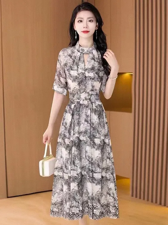 【F3706】高端碎花连衣裙女2025新款夏天贵夫人显瘦长款裙子