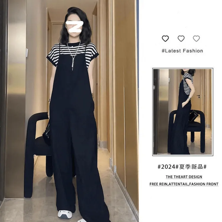 夏季时尚一整套穿搭女2024新款韩系条纹短袖休闲吊带阔腿裤两件套