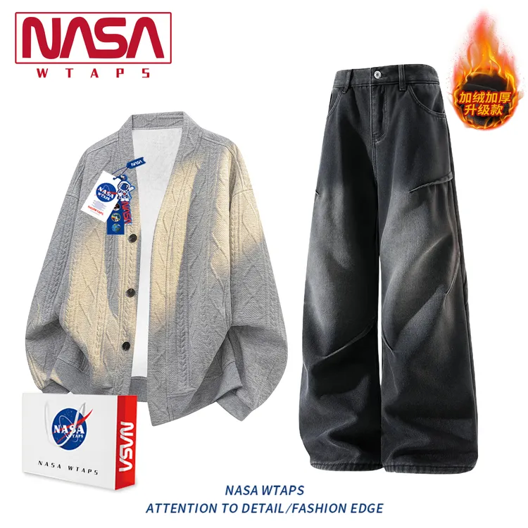 NASA WTAPS美式菱形提花开衫加绒卫衣套装男秋冬季肌理感穿搭套装