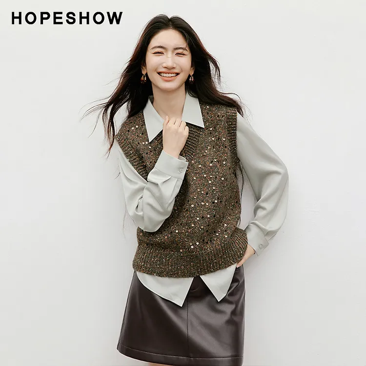 红袖2025冬季新款女装 亮片V领短款针织背心90125320104