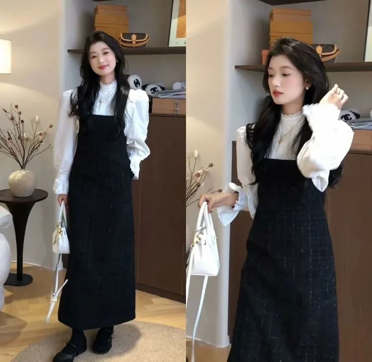秋季韩系法式设计长袖衬衫搭配编织背带裙时尚套装