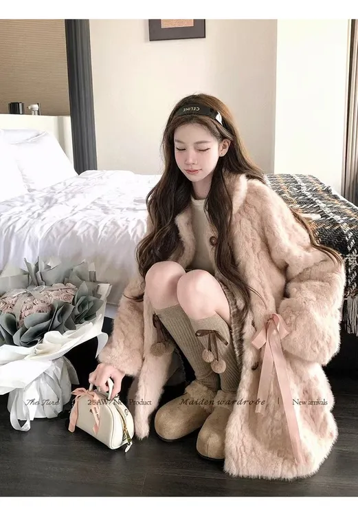 中古粉貂环保皮草毛毛外套女中长款皮毛一体秋冬新款大衣