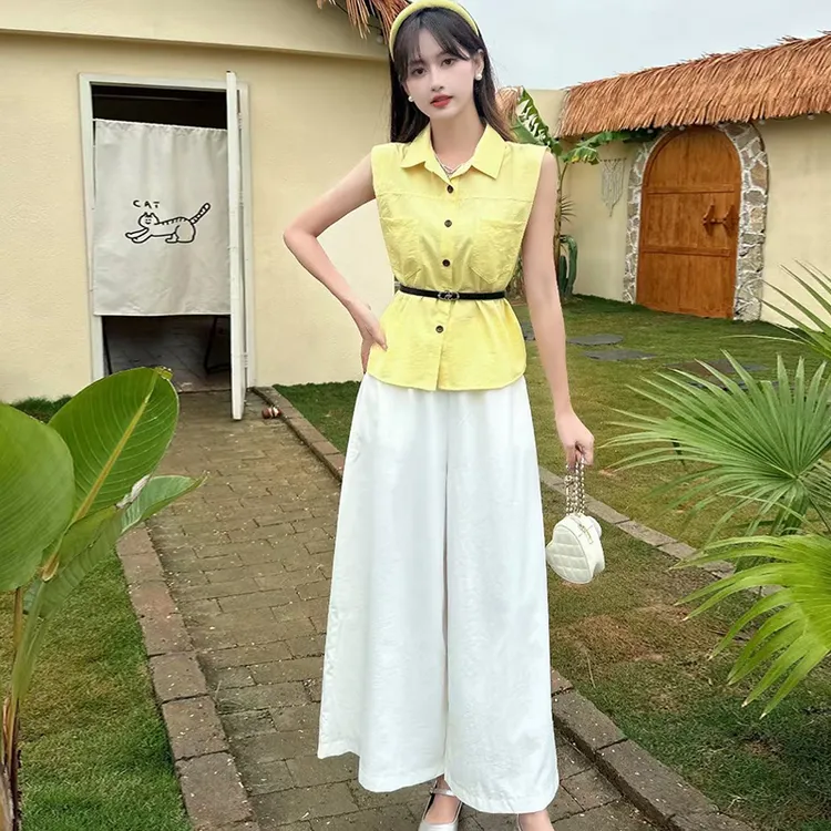 无袖衬衫上衣女夏季高级辣妹休闲长裤子收腰白色阔腿裤洋气质套装