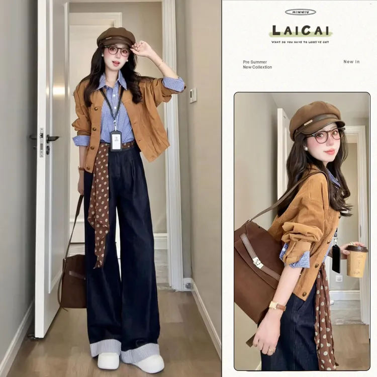 2025早秋穿搭一整套英伦风休闲格子衬衫搭配圆领长袖薄外套阔腿裤