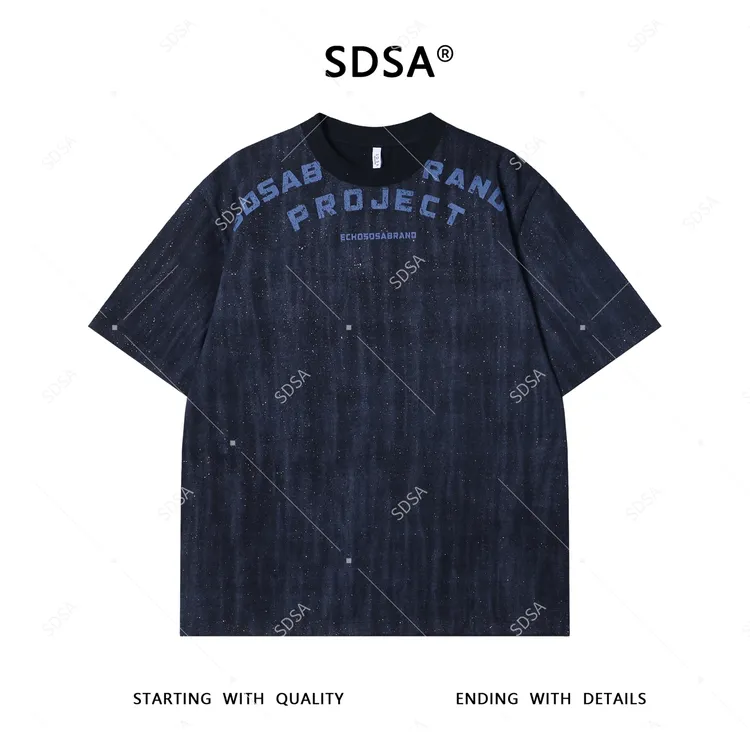 夏季高级感新款男士潮牌领口撞色印花字母短袖T恤满天星圆领上衣