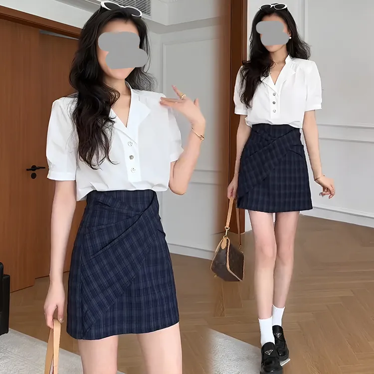 夏日绝美穿搭一整套装高级感衬衫格纹半裙女夏季2025新款爆款套装
