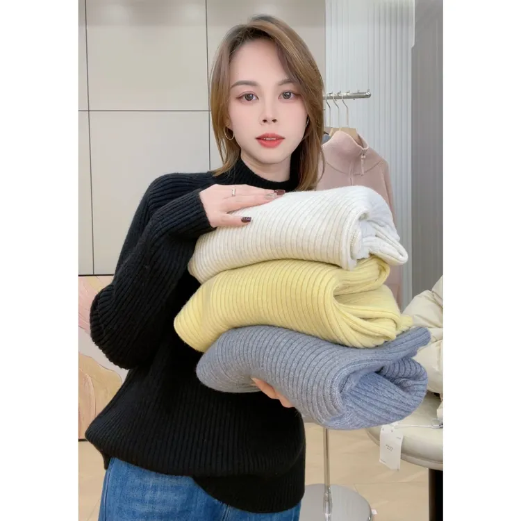 半高领厚毛衣宽松慵懒竖坑条洋气纯色秋冬新款女装针织衫加厚上衣