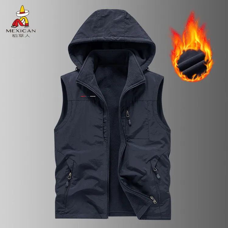 稻草人男士秋冬新款加绒加厚摇粒绒户外休闲多口袋连帽马甲外套