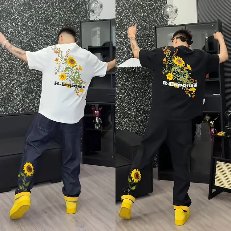 休闲运动套装男士2025春夏爆款阳光照射发色上衣刺绣牛仔裤两件套