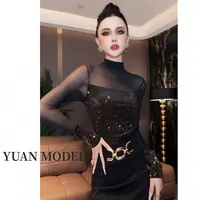 YUAN MODEL/媛老板-时尚性感网纱烫钻长袖T恤气质打底上衣091208