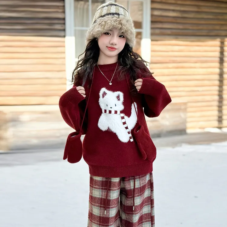 小女孩新款冬装拜年服童装女童6-12岁潮流套装儿童红色毛衣格子裤