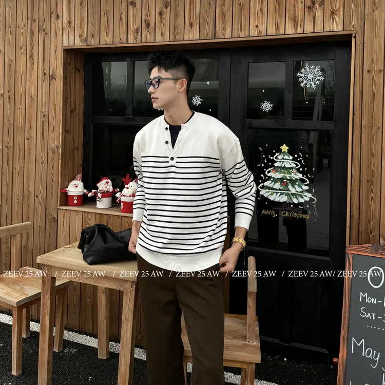 ZEEV【海岸阳光】经典撞色假两件亨利领宽松休闲针织毛衣