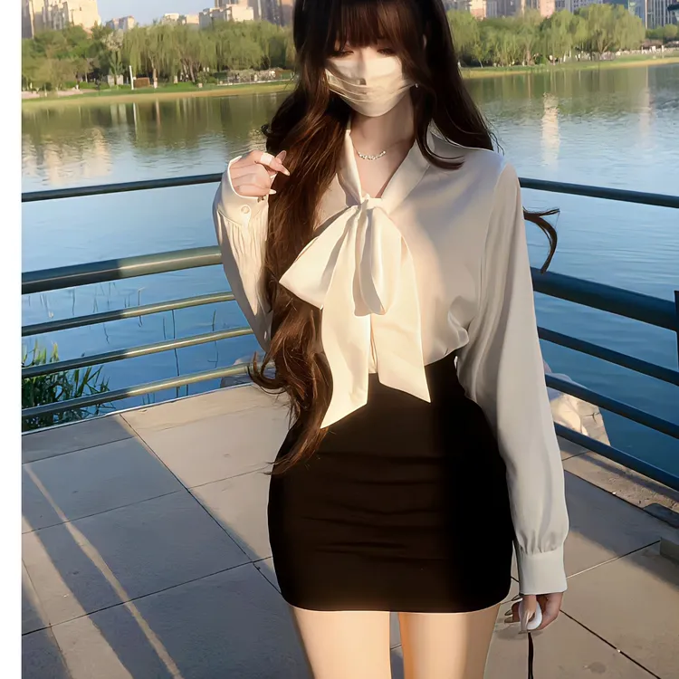 iqcq气球熊纯欲系带黑色缎面衬衫气质蝴蝶结上衣高腰修身包臀裙