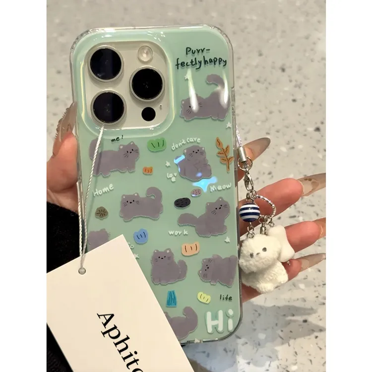 奥菲顿满屏灰猫挂件适用iPhone1615大孔手机壳华为vivo小米oppo套