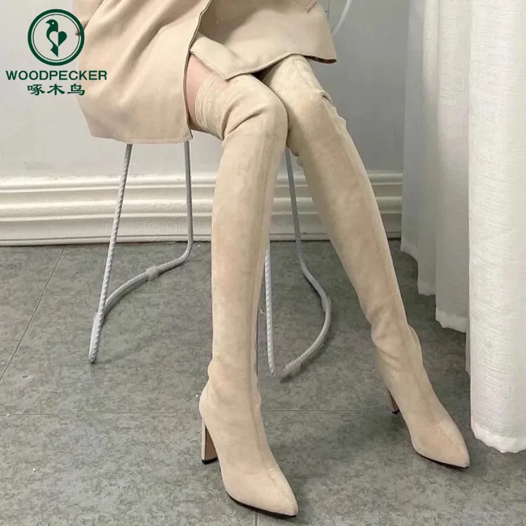 啄木鸟2025显腿长过膝高筒弹力瘦瘦靴绒面粗跟长筒靴高跟尖头长靴
