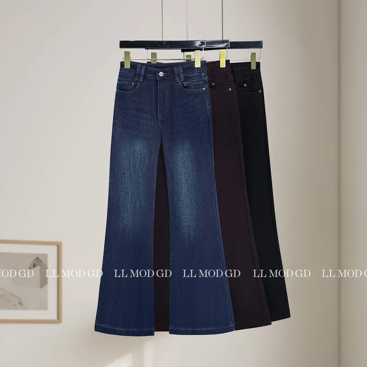 裤型撩人 秋冬复古做旧高腰显瘦加绒百搭牛仔微喇阔腿裤XR-263420