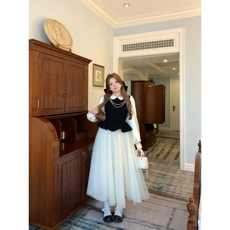 安妮不火【古堡月光诗】重磅款千金假两件撞色网纱连衣裙A253Q0578