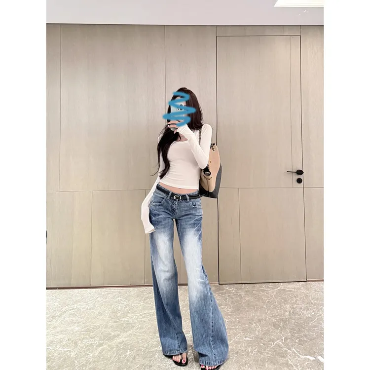 时尚穿搭“腿精养成”显瘦美式复古微喇裤百搭显瘦遮肉拖地牛仔裤子